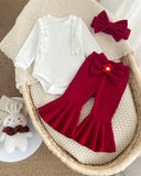 Baby Girls Comfortable Ruffle Long Sleeve Bodysuit With Bow Flare Pants And Headband Set