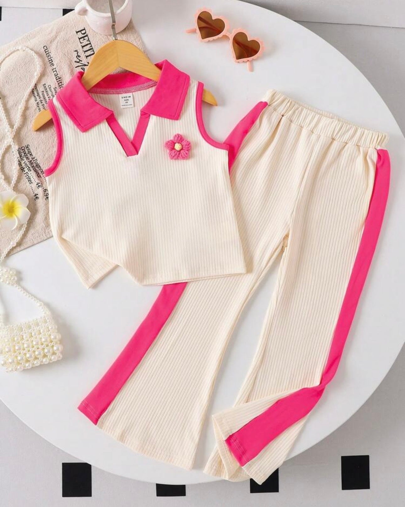 2pcs Girls 3D Floral Knitted White and Pink Polo Vest And Flared Pants