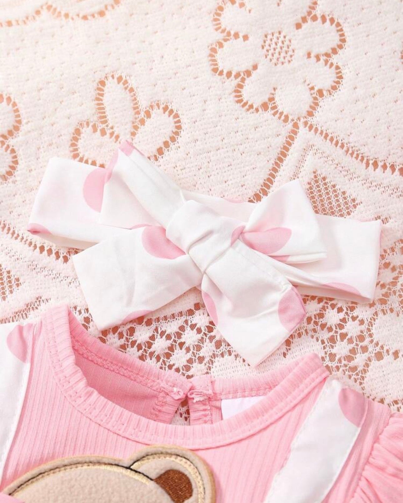 Baby Girls' Pink Ruffle Sleeve Patchwork Cartoon Bear Bow Embroidered Dress + Headband