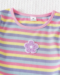 Kids Girl's Striped Pink Embroidered Flare Pants Set