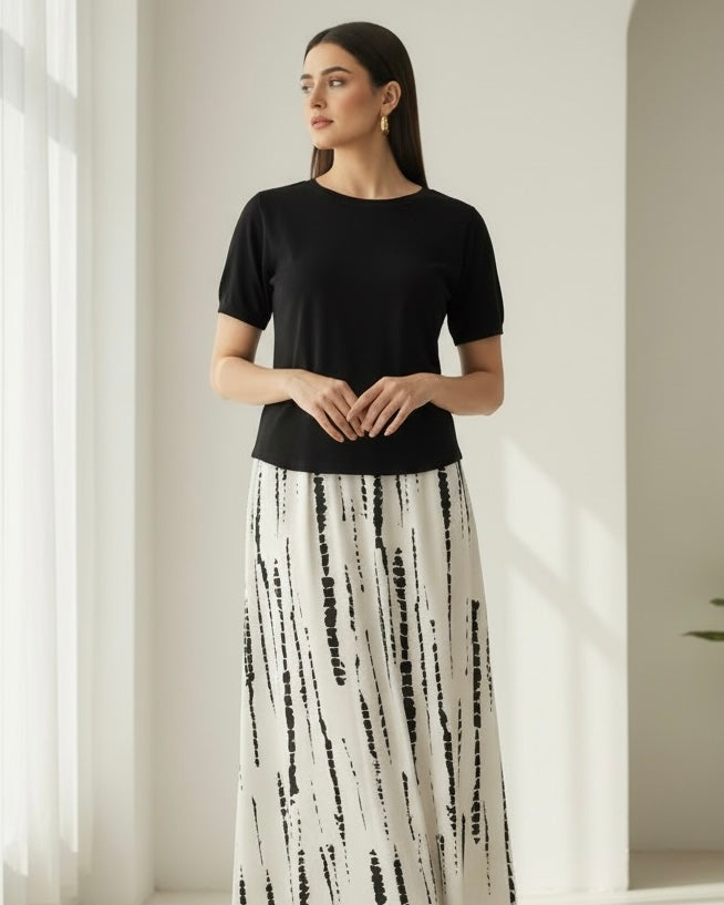 2pcs/Set Women's Casual Black Top + Tie-Dye Printed Skirt Set