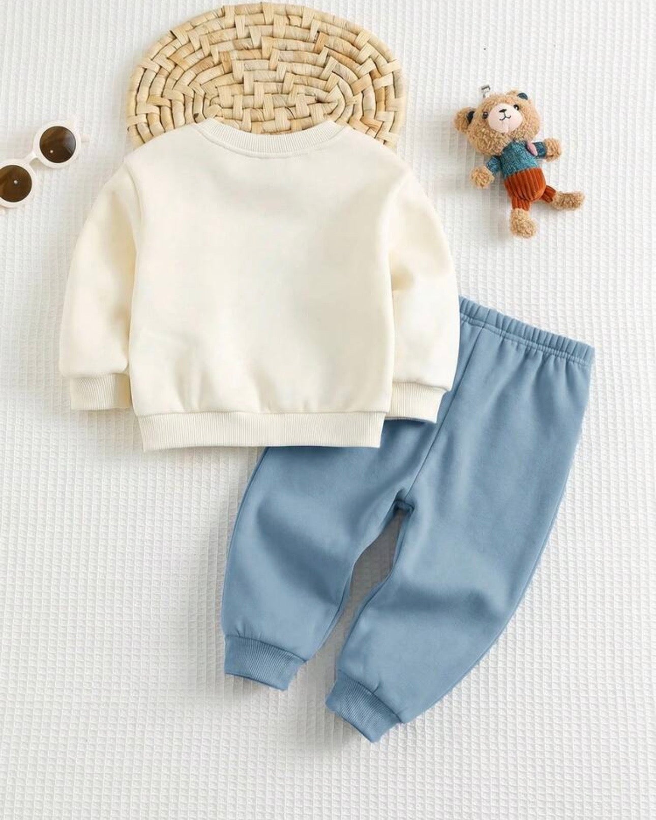 2pcs Baby Boy Bear Round Neck Hoodie And Dusty Blue Pants Set