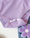 2pcs Purple Baby Girl Flutter Sleeve Bodysuit & 3D Floral Pants