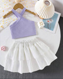 Girls’ Purple Ribbed Camisole & White 3D Floral Double-Layer Skirt Set