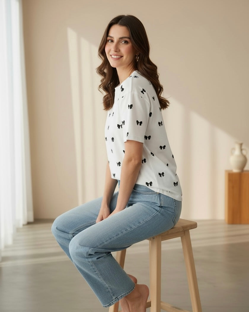 Women's Black Bow Print Half Sleeve T-Shirt