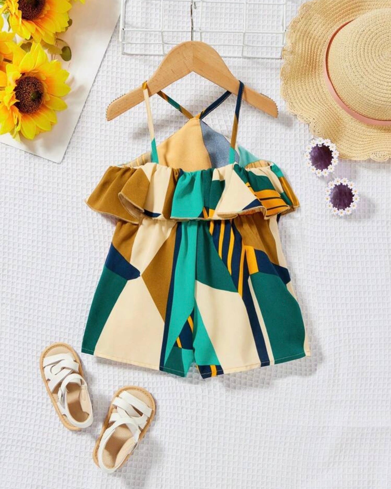 Baby Girl Floral Halterneck Romper With Ruffle Trim