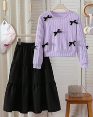 Fashionable Cute Delicate Bow-Tie Top With Half Skirt Suit, Casual Elegant Fashion