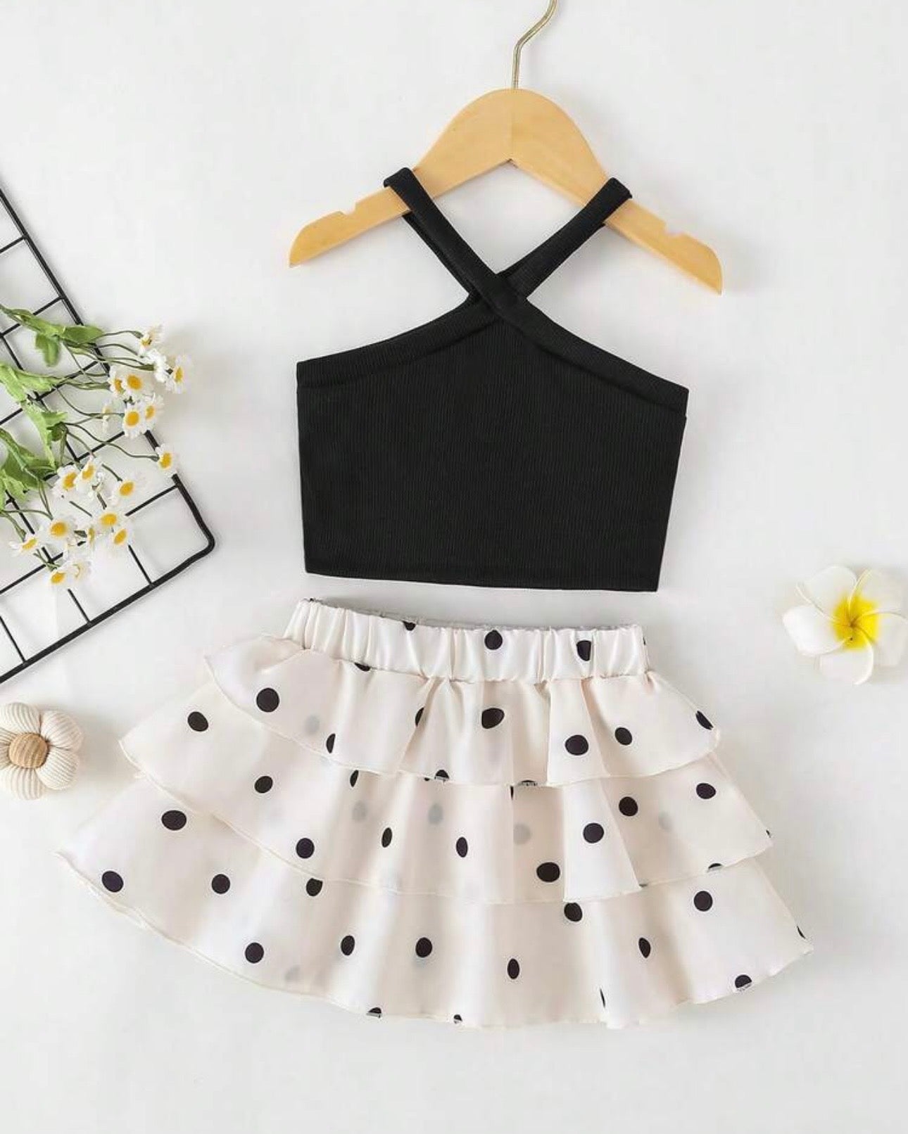 Baby Girl Black & White Polka Dot Dress Set – Korean Style Cross Strap Cake Dress