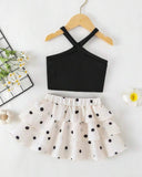 Baby Girl Black & White Polka Dot Dress Set – Korean Style Cross Strap Cake Dress