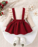 2pcs Baby Girl Long Sleeve Bodysuit & Burgundy Overall Dress Set