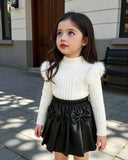 Baby Girl Fluffy Trim T-Shirt & 3D Bow  Black Pleated Skirt