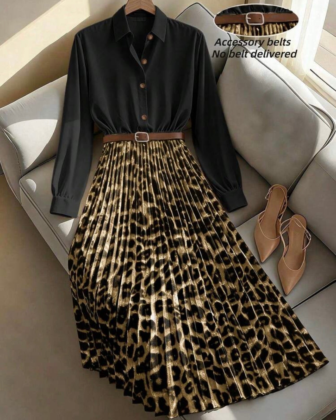 Women's Elegant Waist Cinched Slim Fit Leopard Print Pleated Flare Maxi Dress