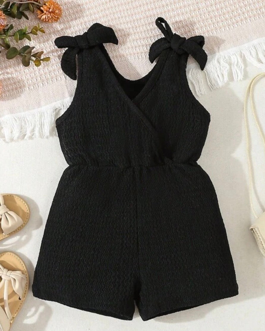 Baby Girl Summer Black Color Cross Wrap V-Neck Sleeveless Romper
