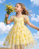 Lemon Puff Sleeve Formal Party Tulle Dress with Cinched Waist