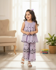 Girls Sleeveless Co-Ord Set – Purple Printed Embroidered Hem Top & Wide-Leg Pants