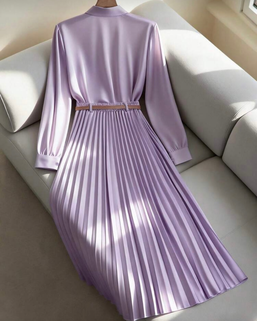 Solid Color Long Sleeve Shirt Paired With A-Line Skirt, Pleated Skirt Comes With Belt