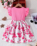 Girls’ Pink Summer Ruffled Sleeve Bow-Tie Floral Print Dress