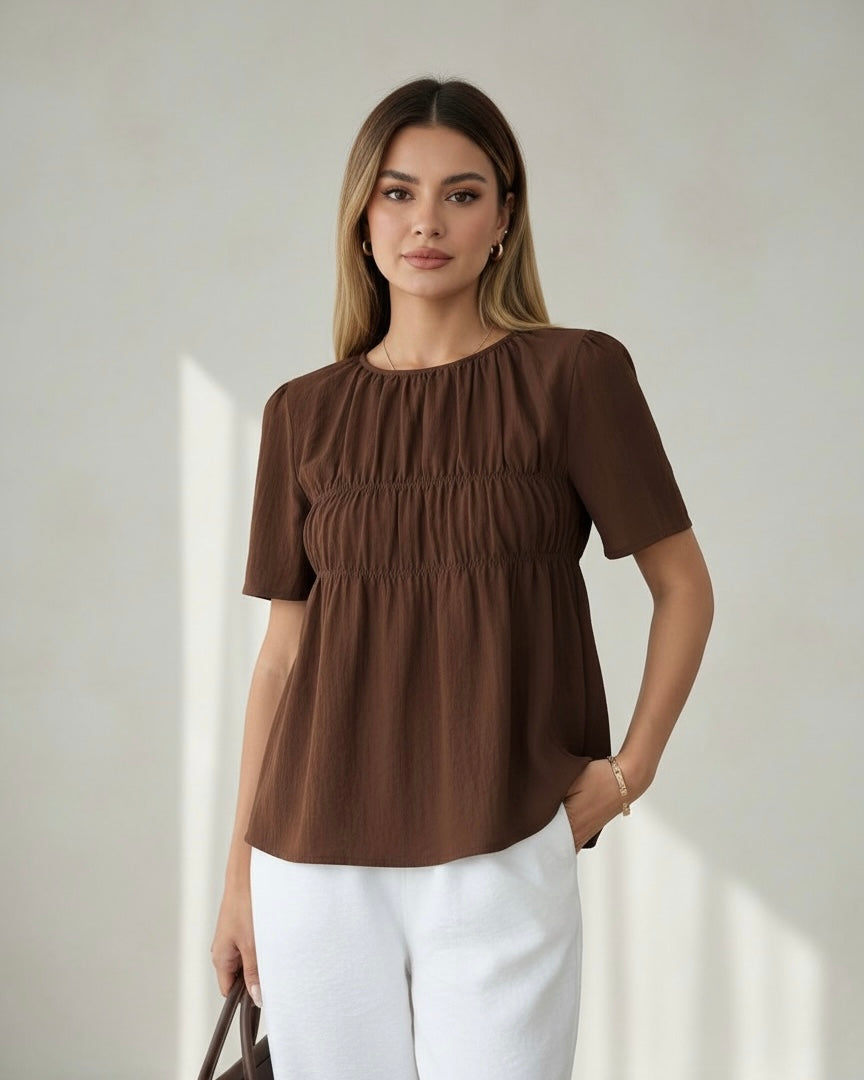 Cotton Casual Brown Blouse – Short Sleeve Summer Top