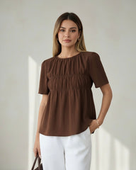 Cotton Casual Brown Blouse – Short Sleeve Summer Top