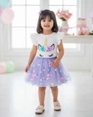 Girls Purple 3D Unicorn Cap Sleeve T-Shirt & Mesh Skirt 2-Piece Set