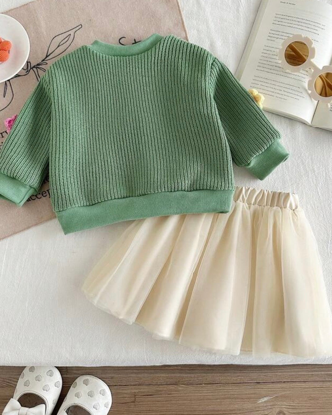 Baby Girl Sage Green 3D Floral Shirt & Cream Tutu Set