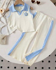 2pcs Girls 3D Floral Knitted White and Blue Polo Vest And Flared Pants
