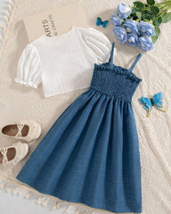 2pcs Blue Spaghetti Strap Overall Dress with Ruffle Sleeve Top
