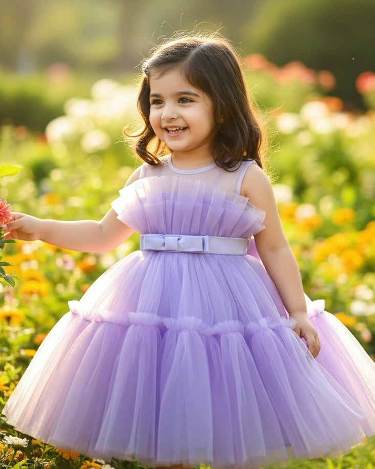 Purple Color Bow Decor Tulle Elegant Dress