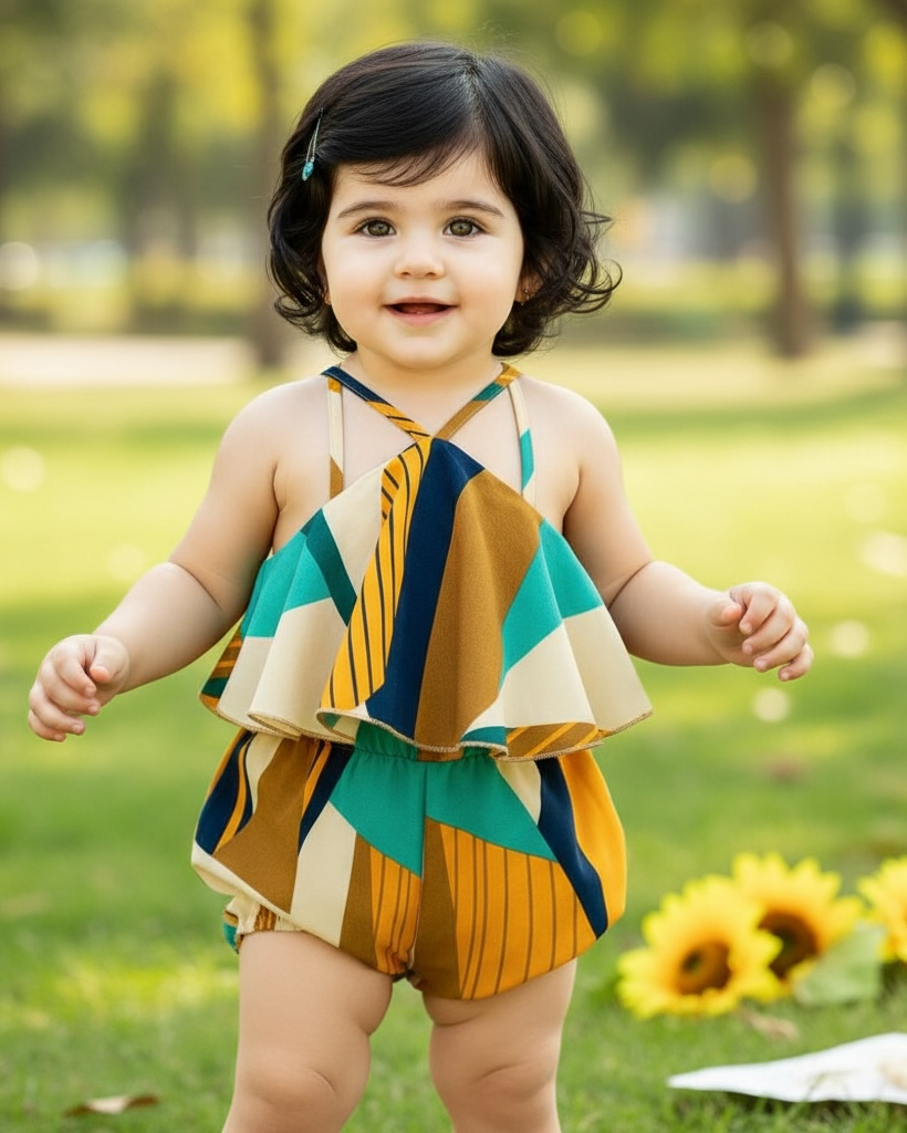 Baby Girl Floral Halterneck Romper With Ruffle Trim