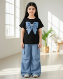 Girls Blue Bow Embroidery Black T-Shirt & Cargo Pants Set