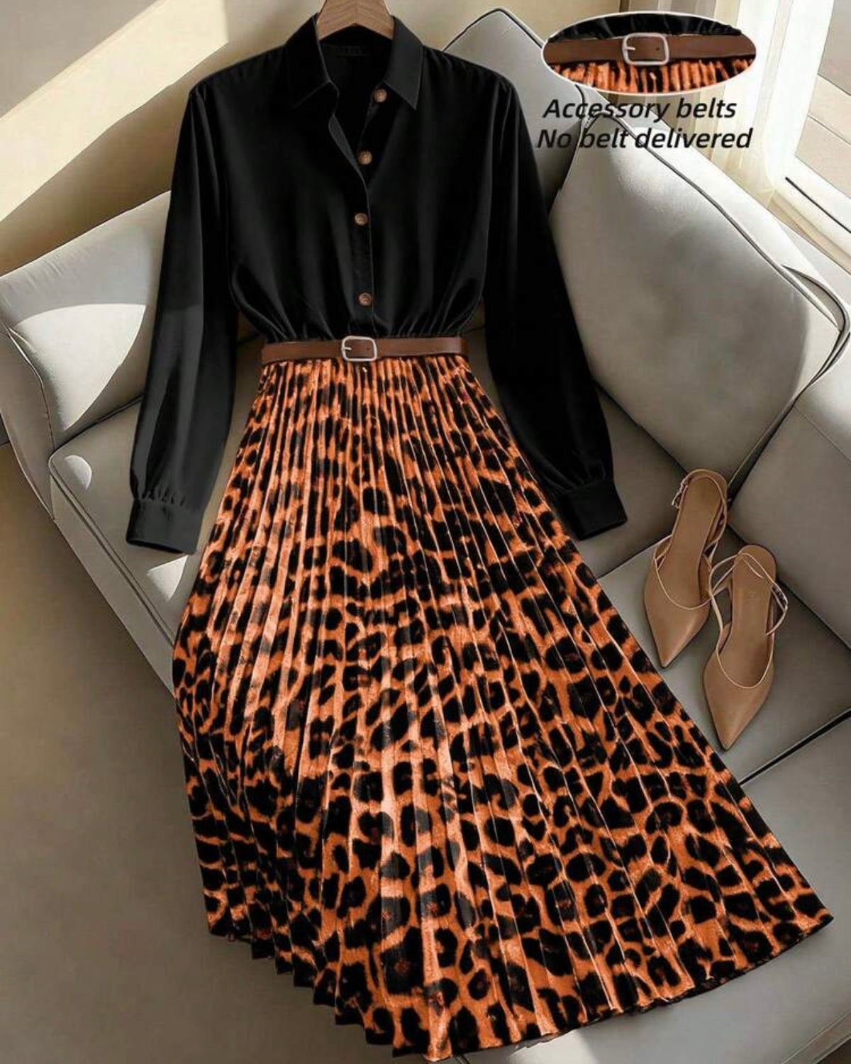 Women's Elegant Waist Cinched Slim Fit Leopard Print Pleated Flare Maxi Dress