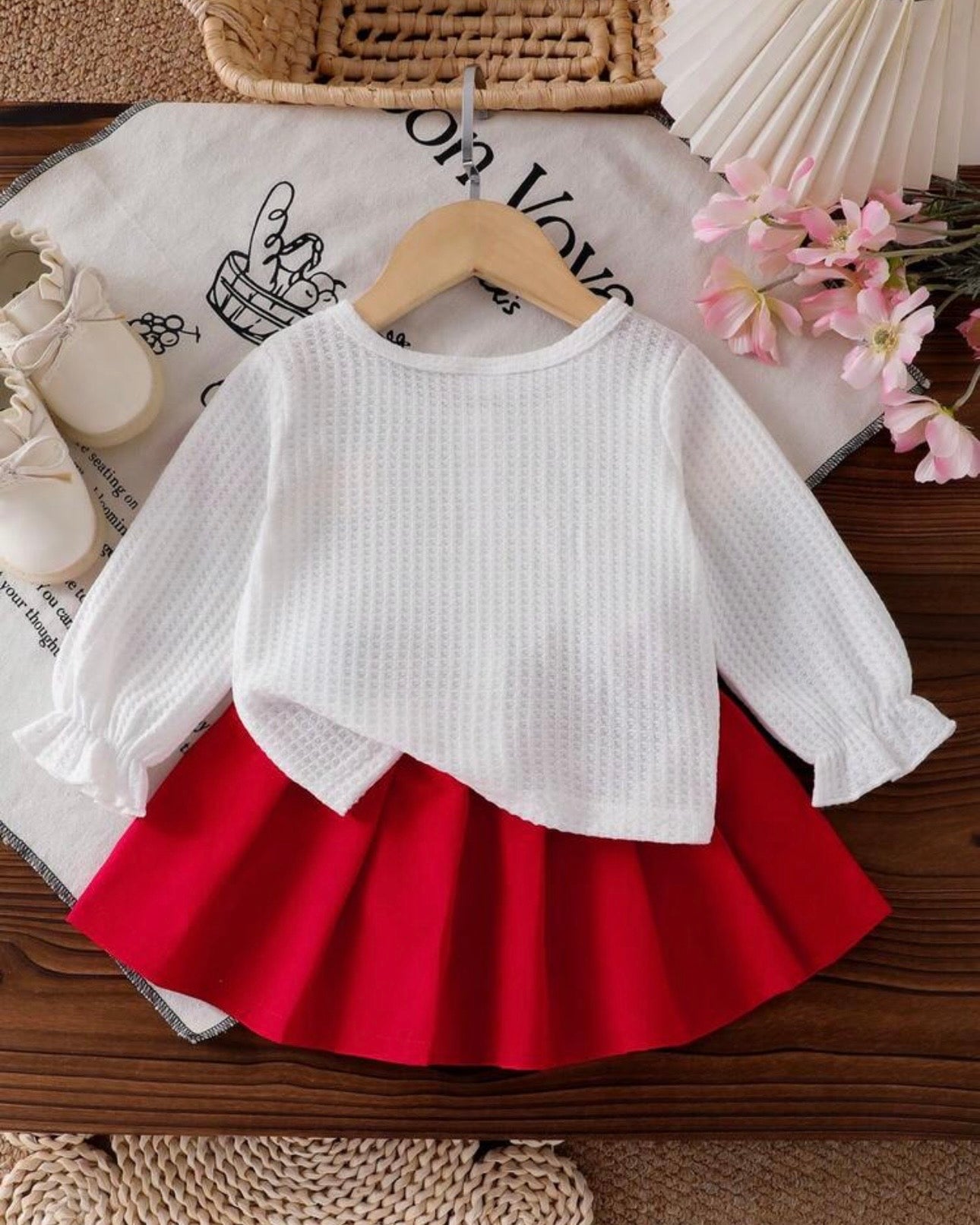 Baby Girl Floral Cardigan & Red Pleated Skirt Set