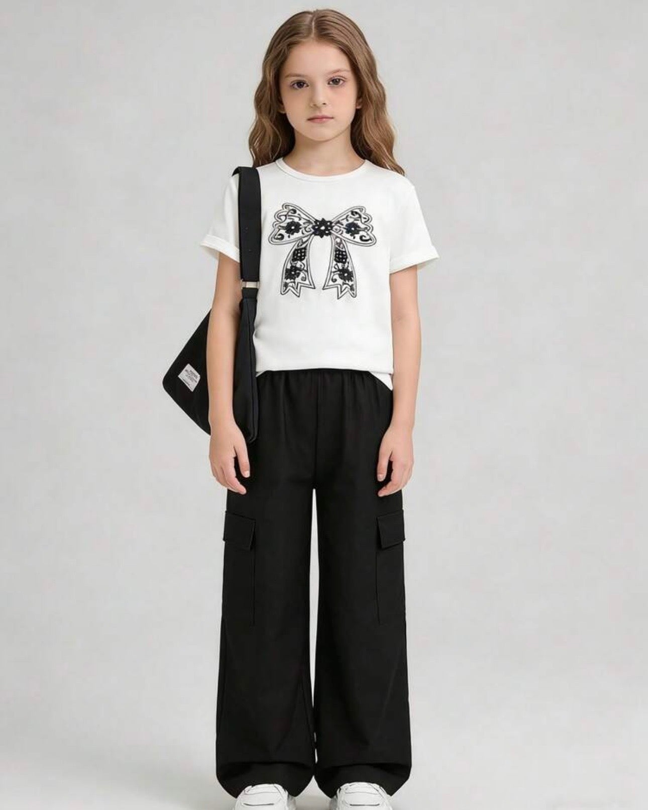Tween Girls Black & White Bow Embroidery T-Shirt with Cargo Pants Set