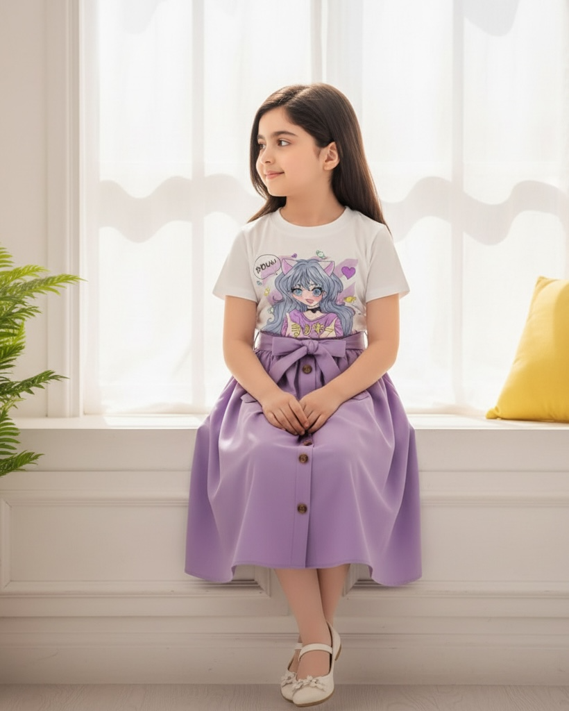 Cartoon Printed Purple Short Sleeve T-Shirt And Elastic Waist Skirt