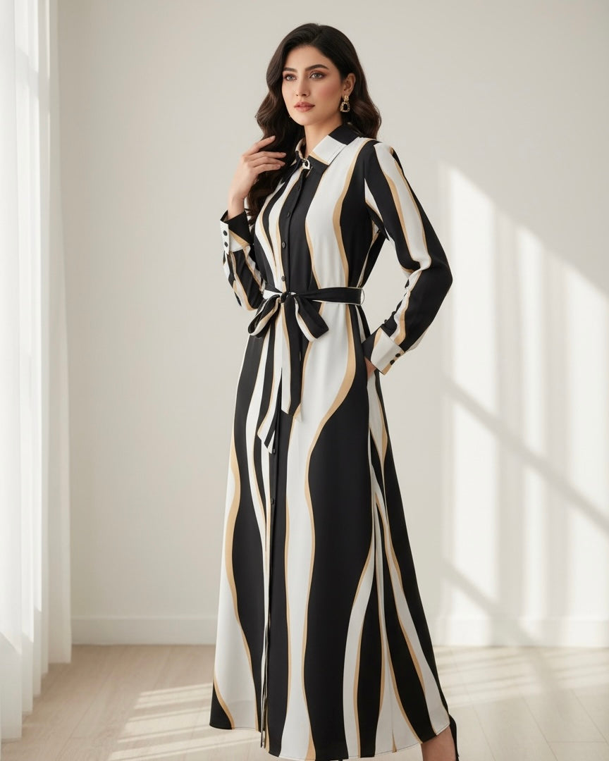 Women's Black Wave Striped Long Sleeve Casual Shirt Dress Maxi