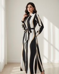 Women's Black Wave Striped Long Sleeve Casual Shirt Dress Maxi