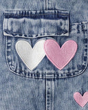 Girls Pink and White Heart Embroidered Denim Overalls – Loose Straight Leg Cotton Jumpsuit