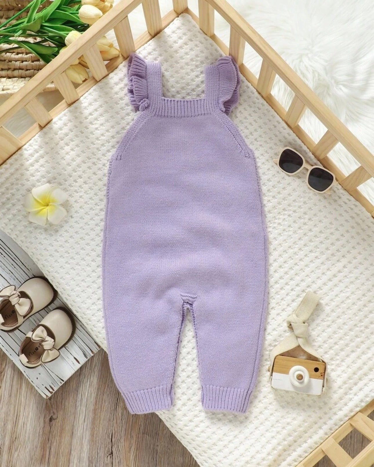 Baby Girl Purple Embroidered Floral Decor Knitted Strap Jumpsuit