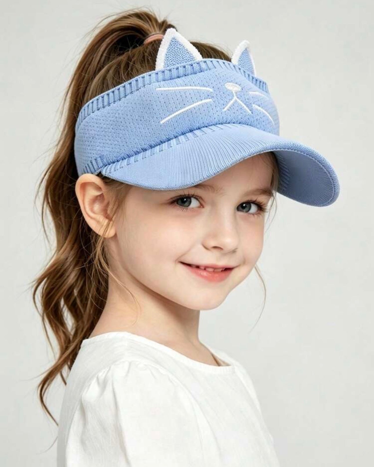 Girls Cute Cat Ear Embroidered Ponytail Sun Hat