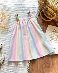 Baby Girls’ Pastel Colors  Ribbon Patchwork Striped A-Line Dress