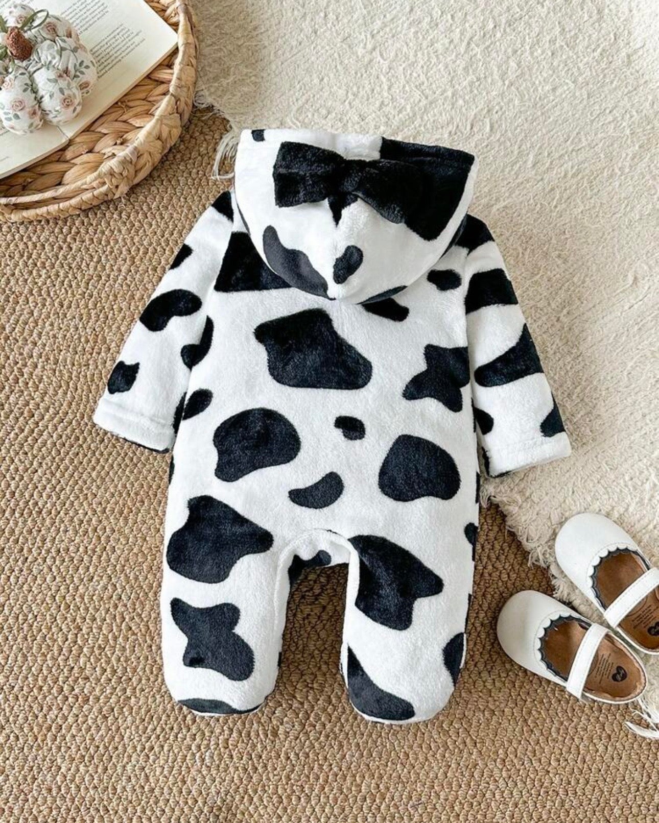 Newborn Baby Winter Hooded One-Piece  Cow Print Romper