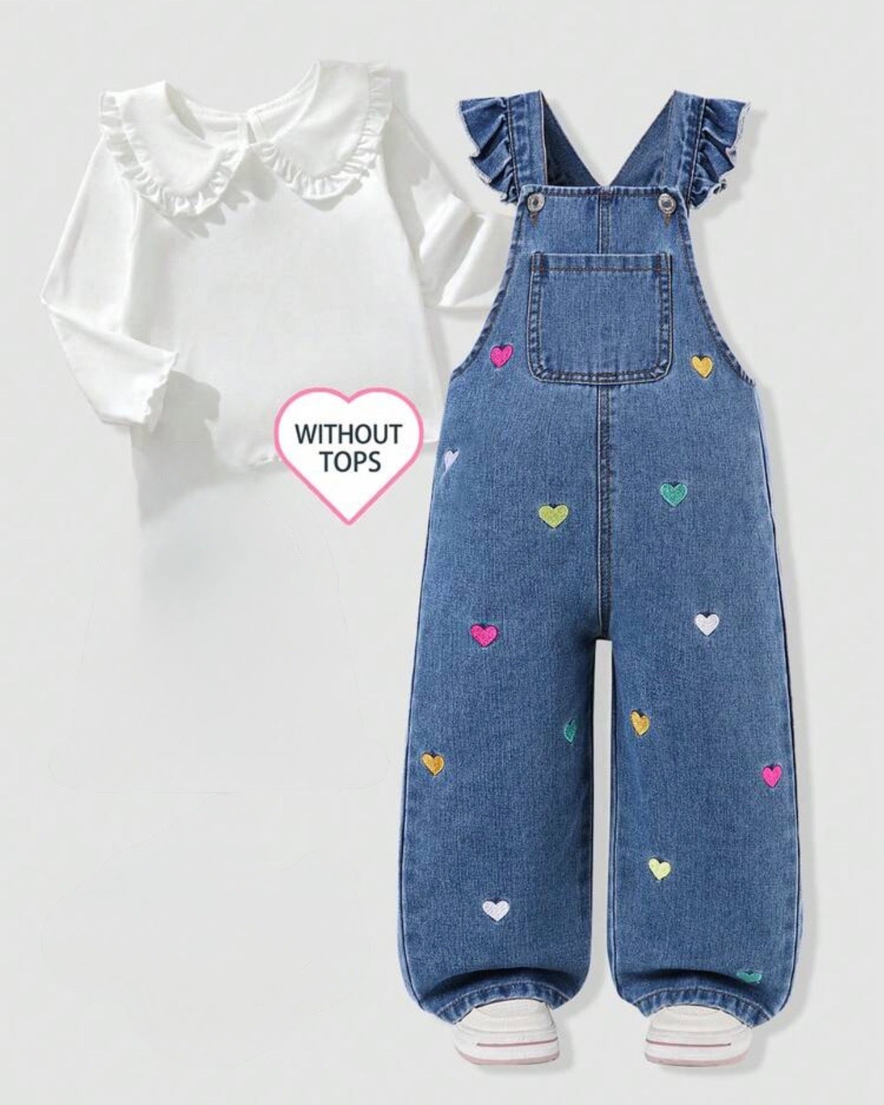 Girls Heart Embroidered Denim Overalls – Wide Leg Jumpsuit