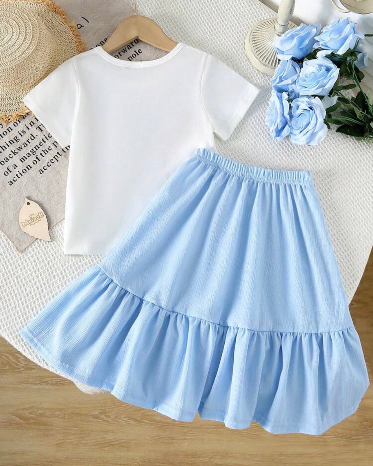 Bow Print T-Shirt & Sky Blue A-Line Skirt