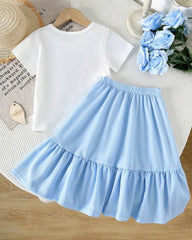 Bow Print T-Shirt & Sky Blue A-Line Skirt