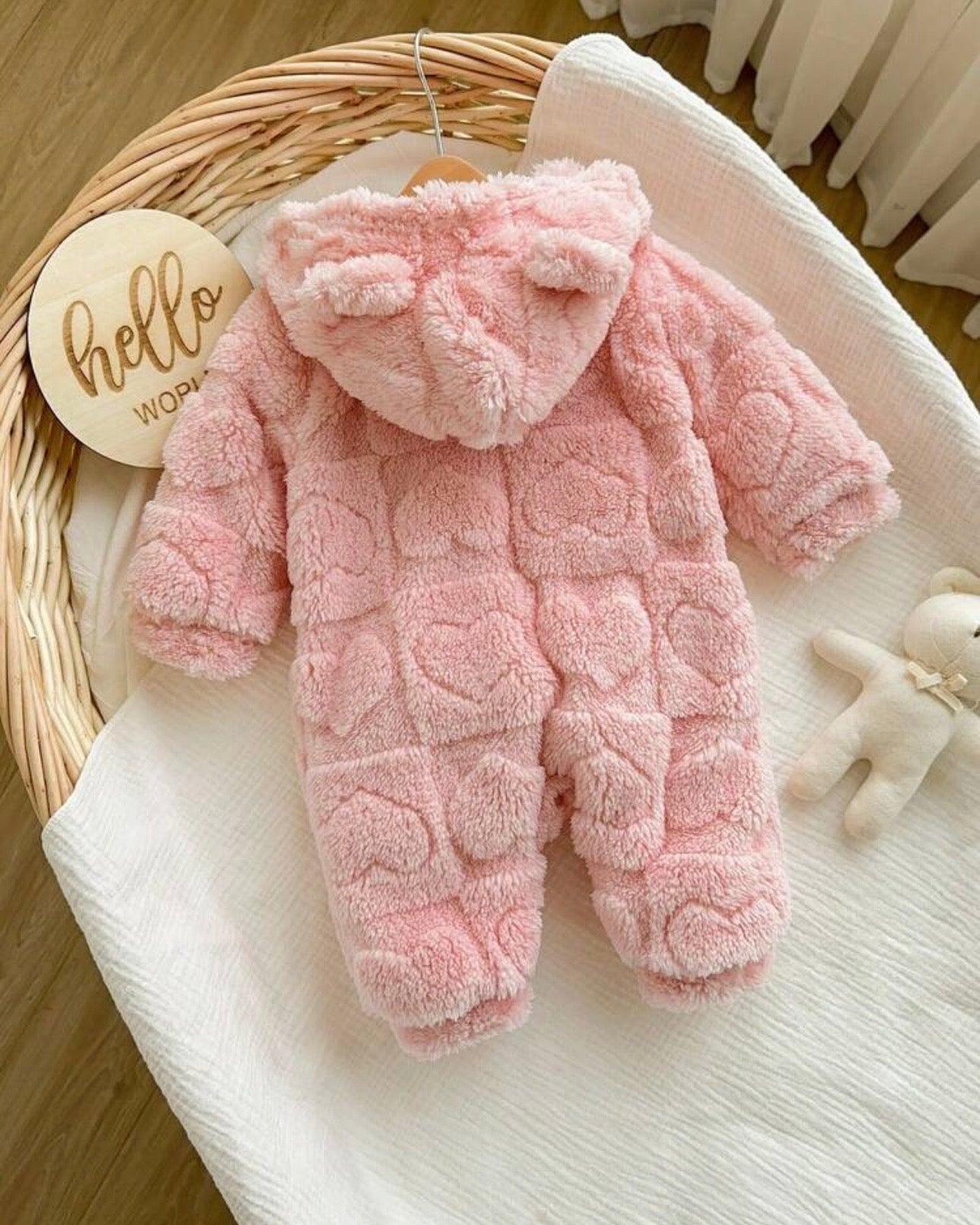 Baby Girl Winter 3D Pink Fluffy Heart Pattern Zipper Hooded Romper