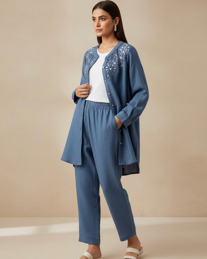 Plus Size Linen Blend Lace Patchwork Shirt & Pants 2pcs Set