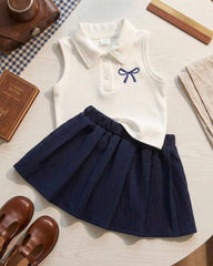 Baby Girl 2pc Blue & White Striped Polo Top & Pleated Skirt Set