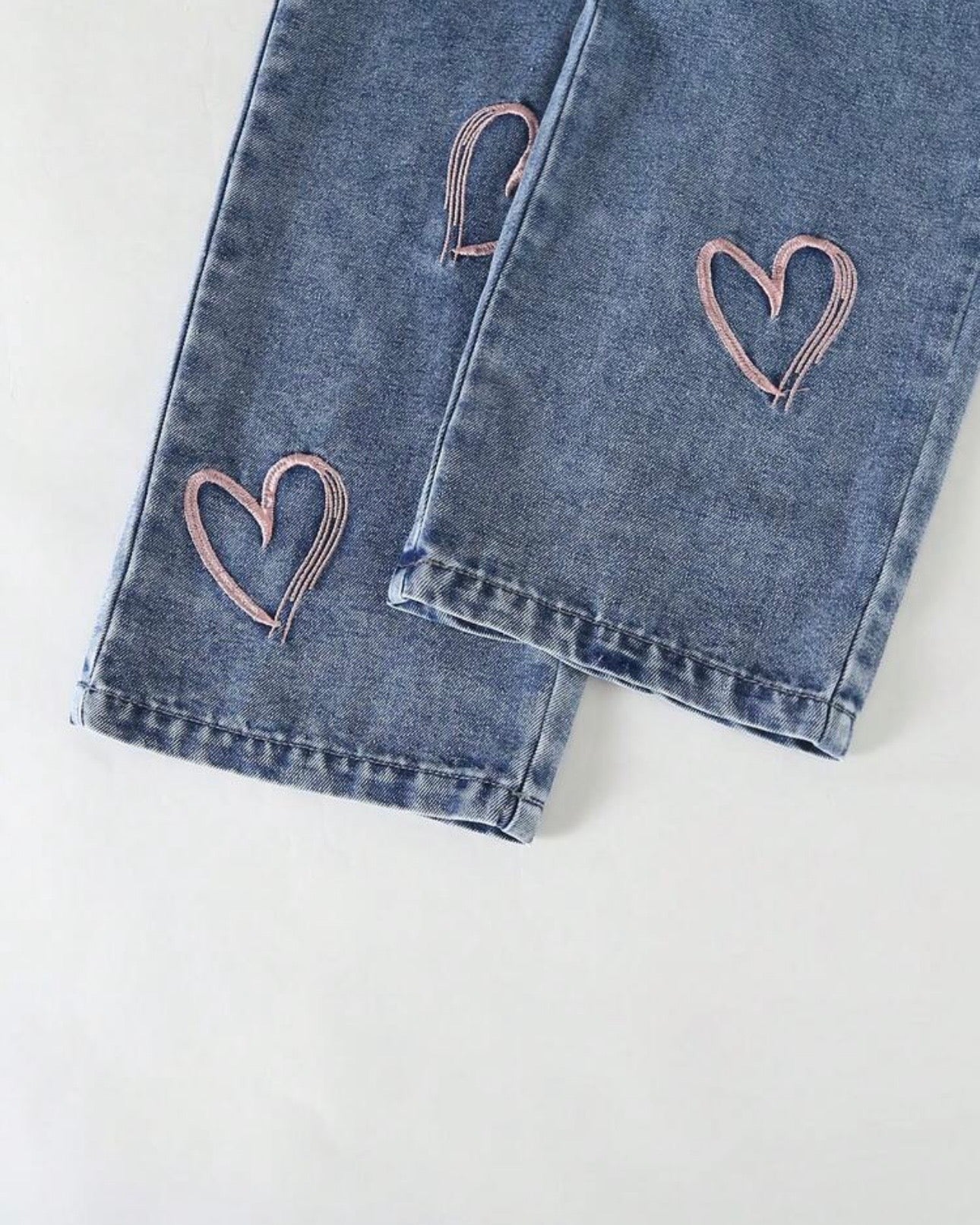 Girls Blue Denim Jumpsuit with Pink Hollow Heart Embroidery & Bow