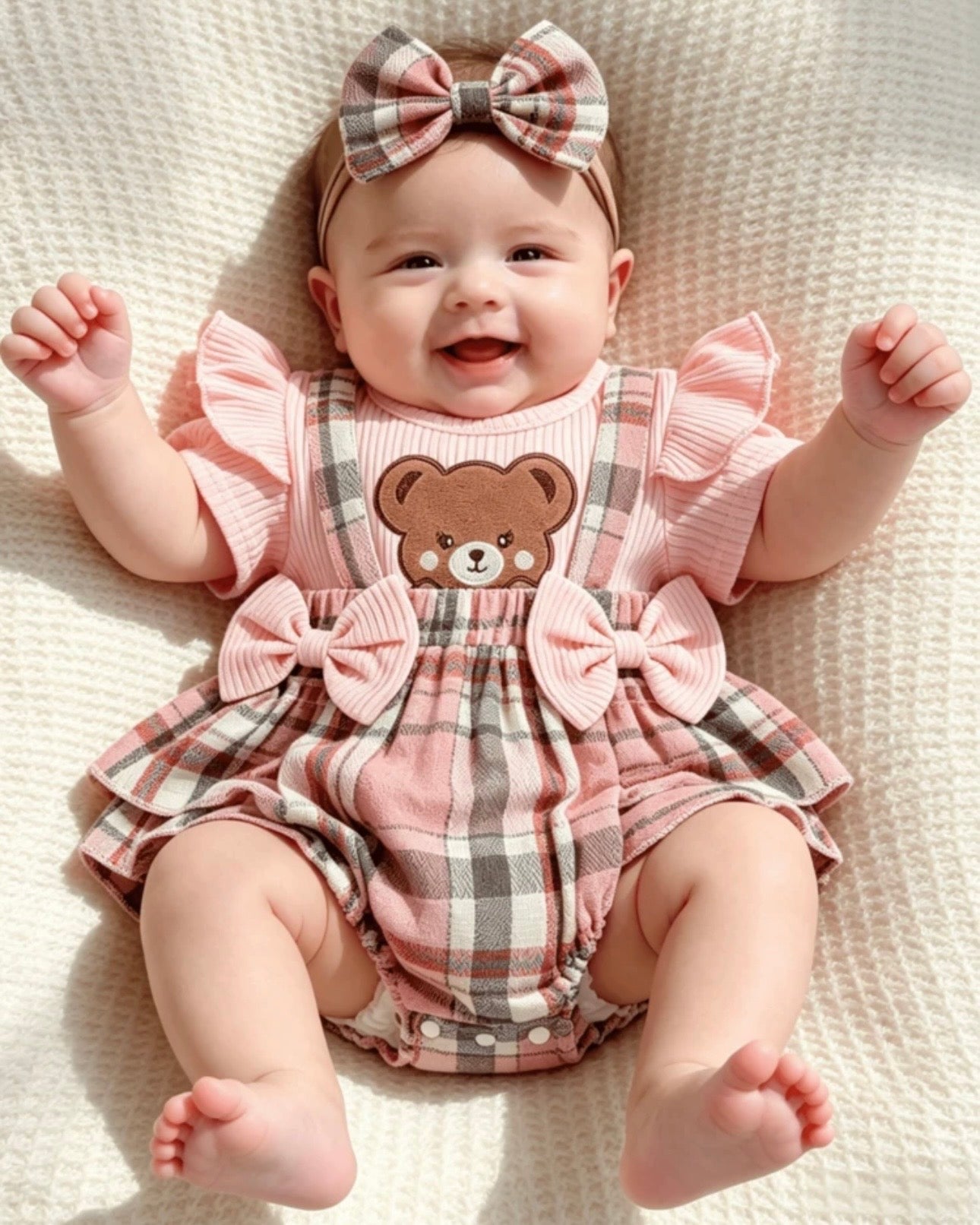 Baby Girls' Ruffle Sleeve Patchwork Cartoon Bear Bow Pink Embroidered Dress + Headband