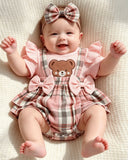 Baby Girls' Ruffle Sleeve Patchwork Cartoon Bear Bow Pink Embroidered Dress + Headband